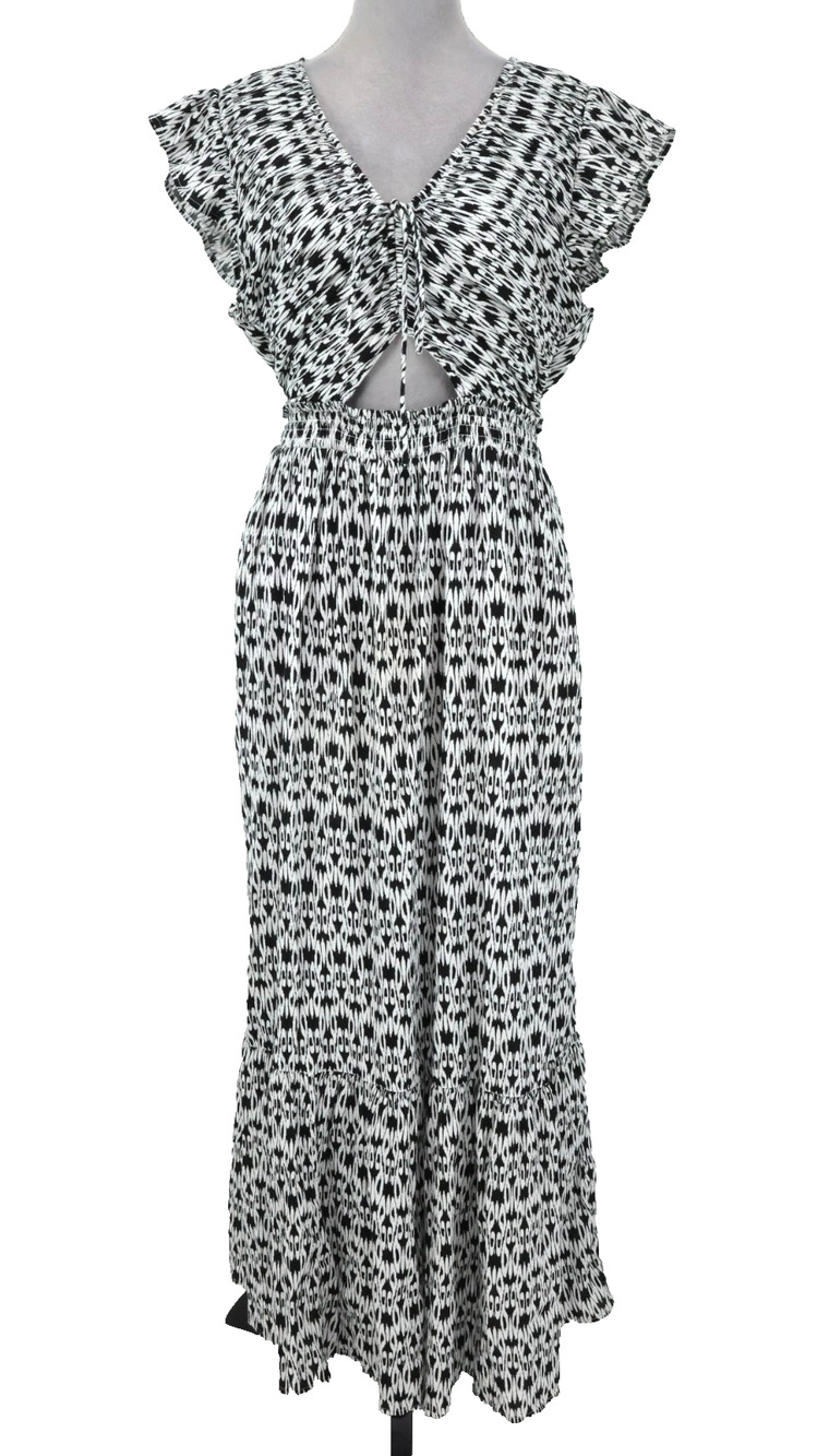 Loft Beach Dress Womens XL Black White Ikat Maxi Cutout Waist Lined Ruffle Hem